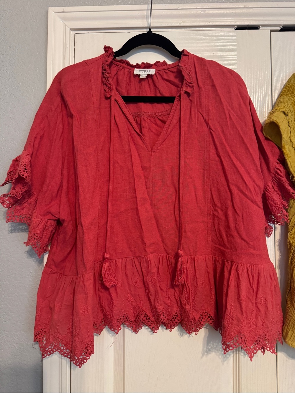 Boho Lace-Trim V-Neck Peasant Top - Red